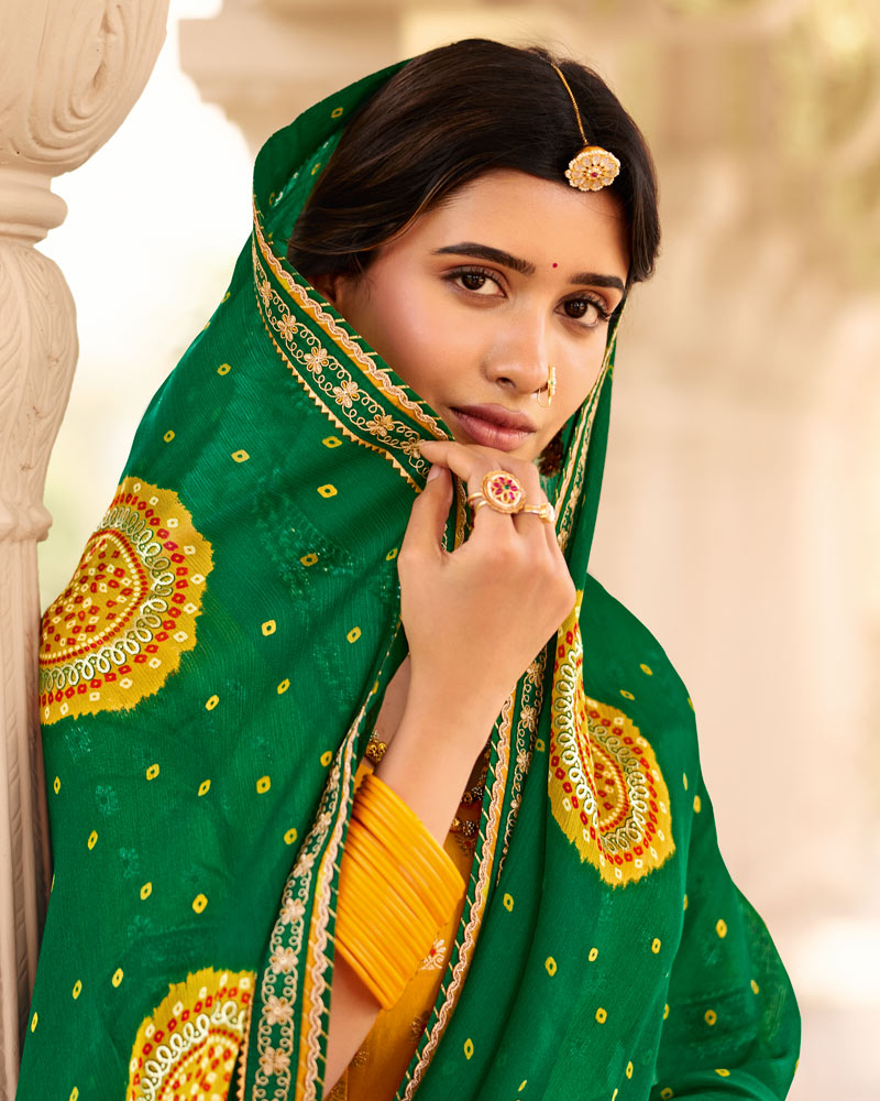 Vishal Prints Dark Green Printed Chiffon Traditional Saree With Fancy Embroidery Border
