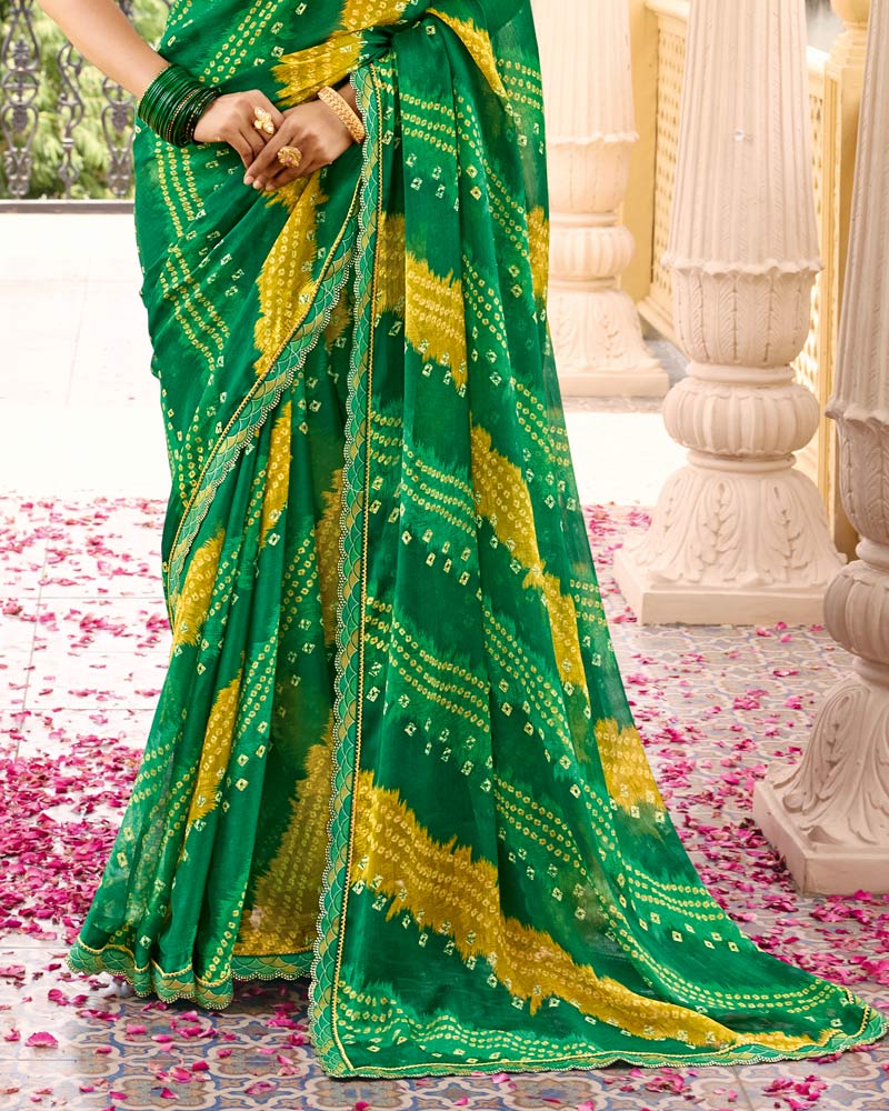 Vishal Prints Green Yellow Printed Chiffon Traditional Saree With Fancy Embroidery Border