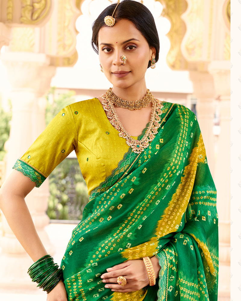 Vishal Prints Green Yellow Printed Chiffon Traditional Saree With Fancy Embroidery Border