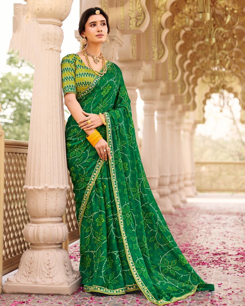 Vishal Prints Chilli Green Printed Chiffon Traditional Saree With Fancy Embroidery Border