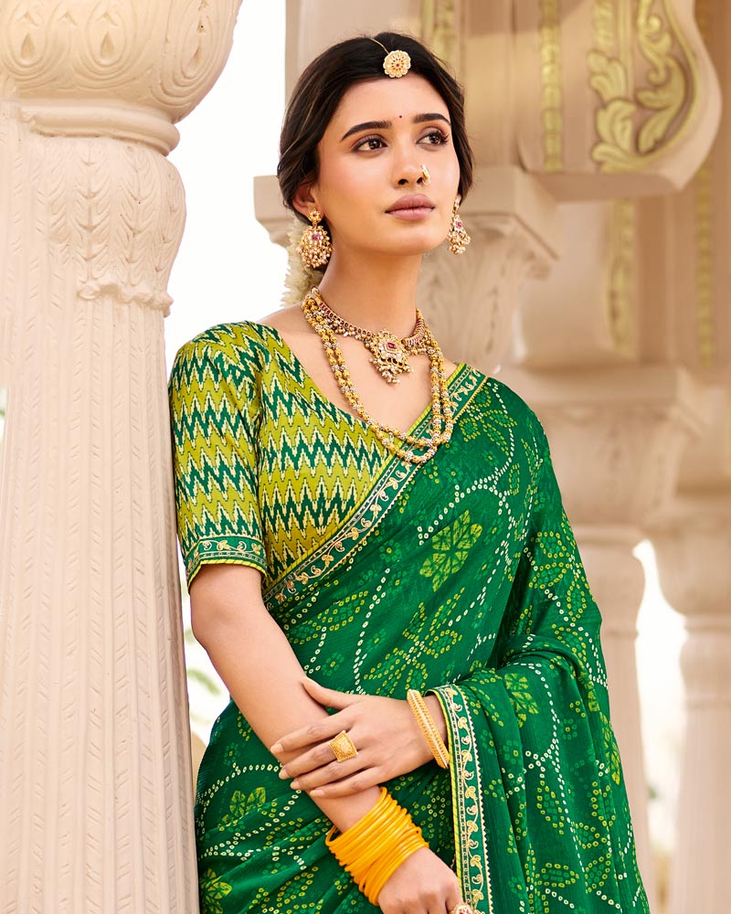 Vishal Prints Chilli Green Printed Chiffon Traditional Saree With Fancy Embroidery Border