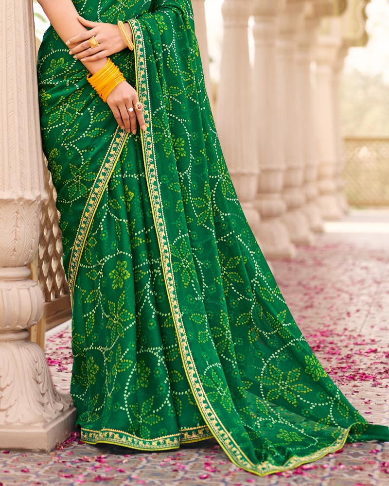 Vishal Prints Chilli Green Printed Chiffon Traditional Saree With Fancy Embroidery Border
