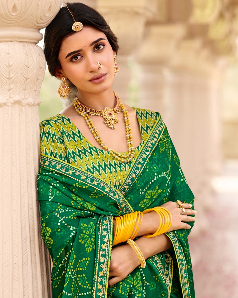 Vishal Prints Chilli Green Printed Chiffon Traditional Saree With Fancy Embroidery Border
