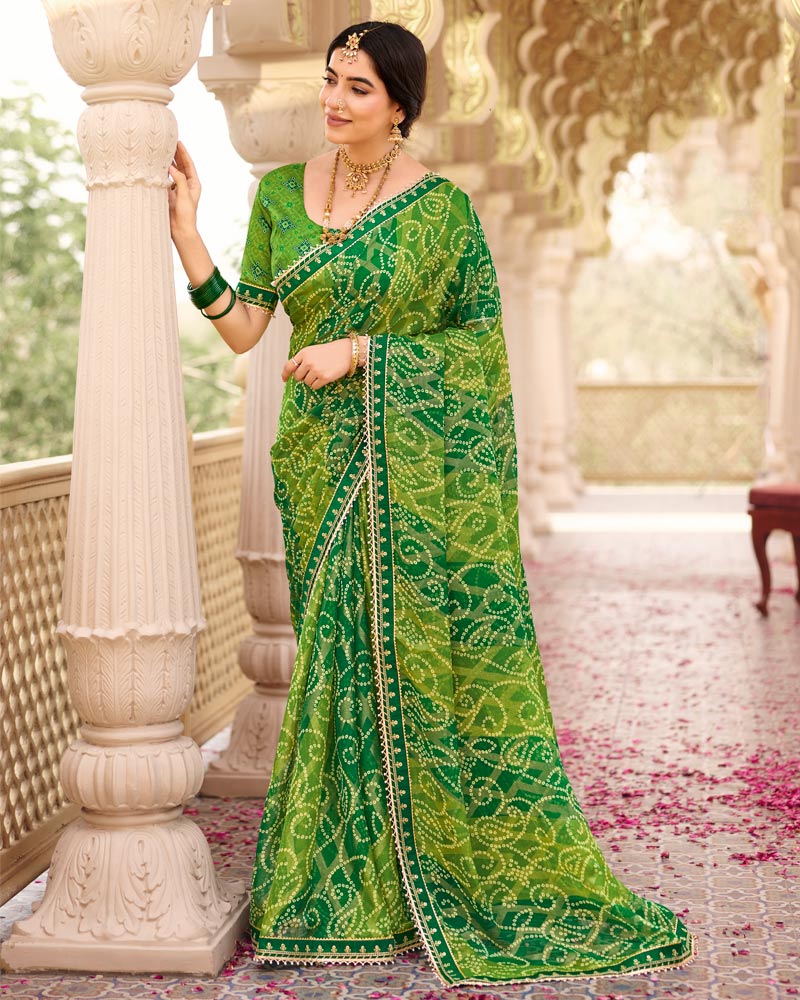 Vishal Prints Light Green Printed Brasso Traditional Saree With Fancy Embroidery-Moti Work Border