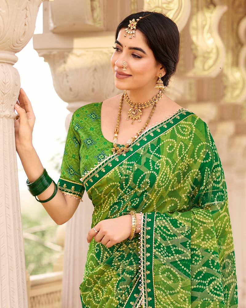 Vishal Prints Light Green Printed Brasso Traditional Saree With Fancy Embroidery-Moti Work Border