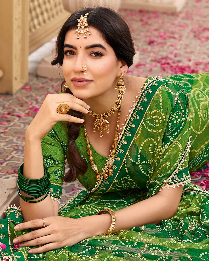 Vishal Prints Light Green Printed Brasso Traditional Saree With Fancy Embroidery-Moti Work Border