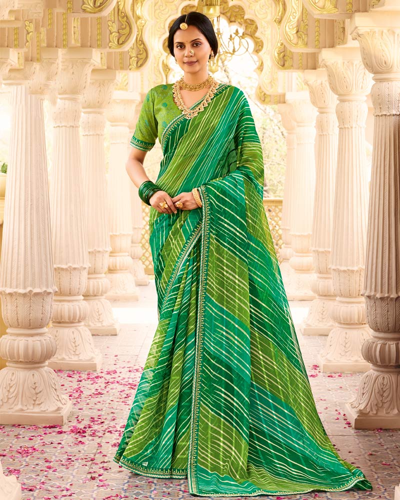 Vishal Prints Shaded Green Printed Chiffon Traditional Saree With Fancy Embroidery Border