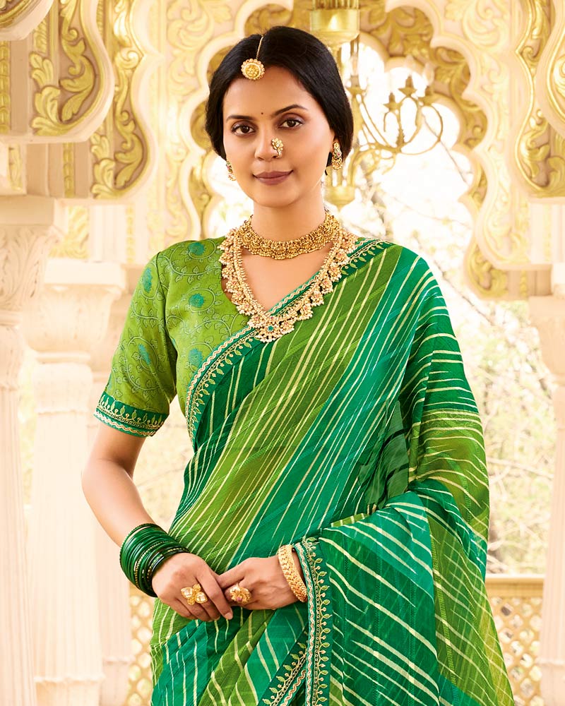 Vishal Prints Shaded Green Printed Chiffon Traditional Saree With Fancy Embroidery Border
