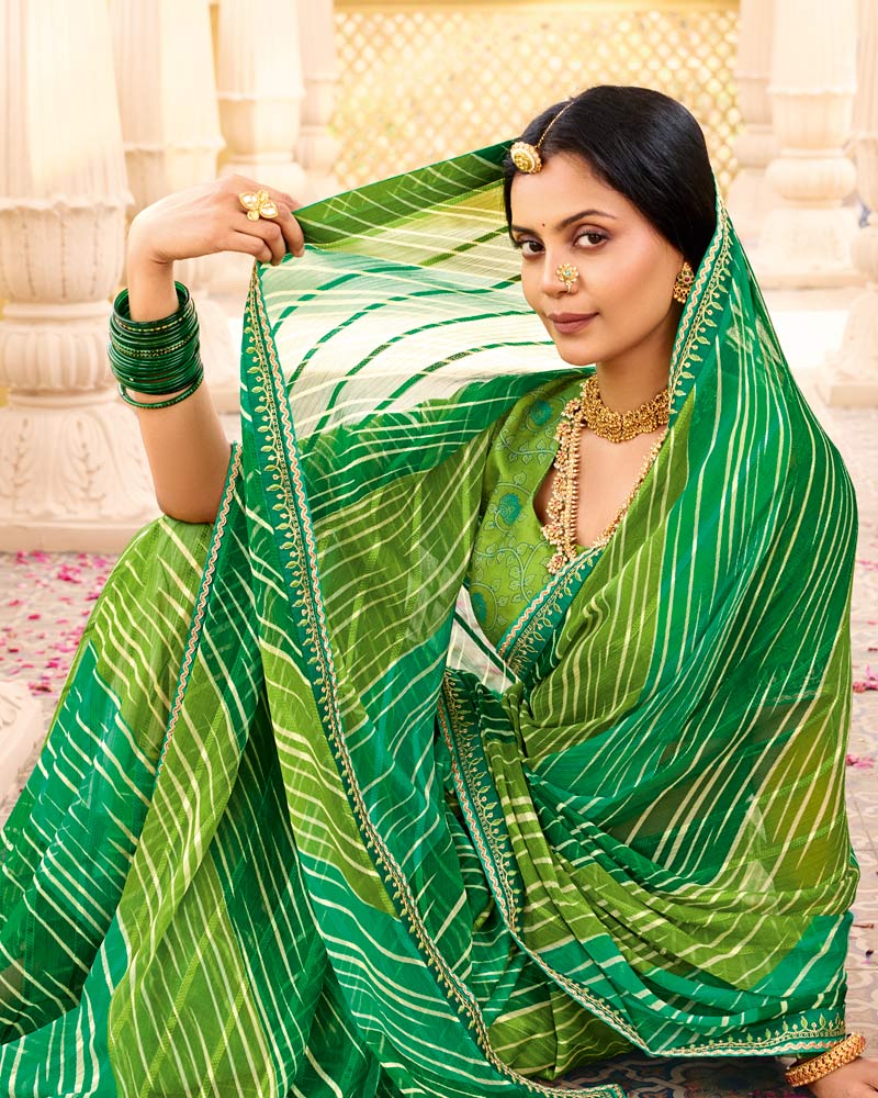 Vishal Prints Shaded Green Printed Chiffon Traditional Saree With Fancy Embroidery Border