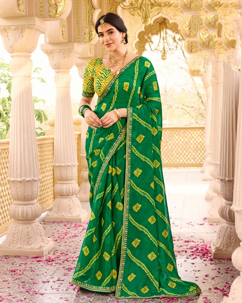Vishal Prints Deep Green Printed Chiffon Traditional Saree With Fancy Embroidery Border