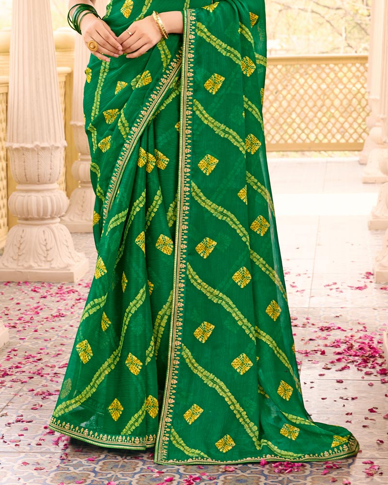 Vishal Prints Deep Green Printed Chiffon Traditional Saree With Fancy Embroidery Border