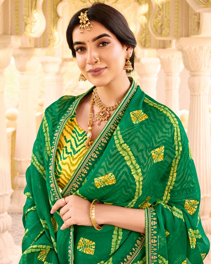 Vishal Prints Deep Green Printed Chiffon Traditional Saree With Fancy Embroidery Border