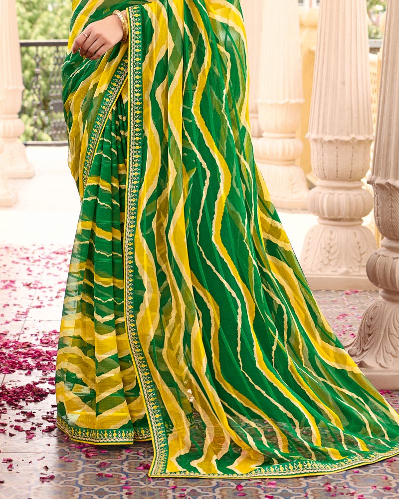 Vishal Prints Bright Yellow Printed Chiffon Traditional Saree With Fancy Embroidery Border
