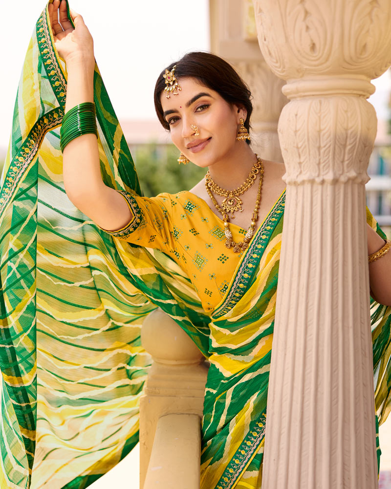 Vishal Prints Bright Yellow Printed Chiffon Traditional Saree With Fancy Embroidery Border