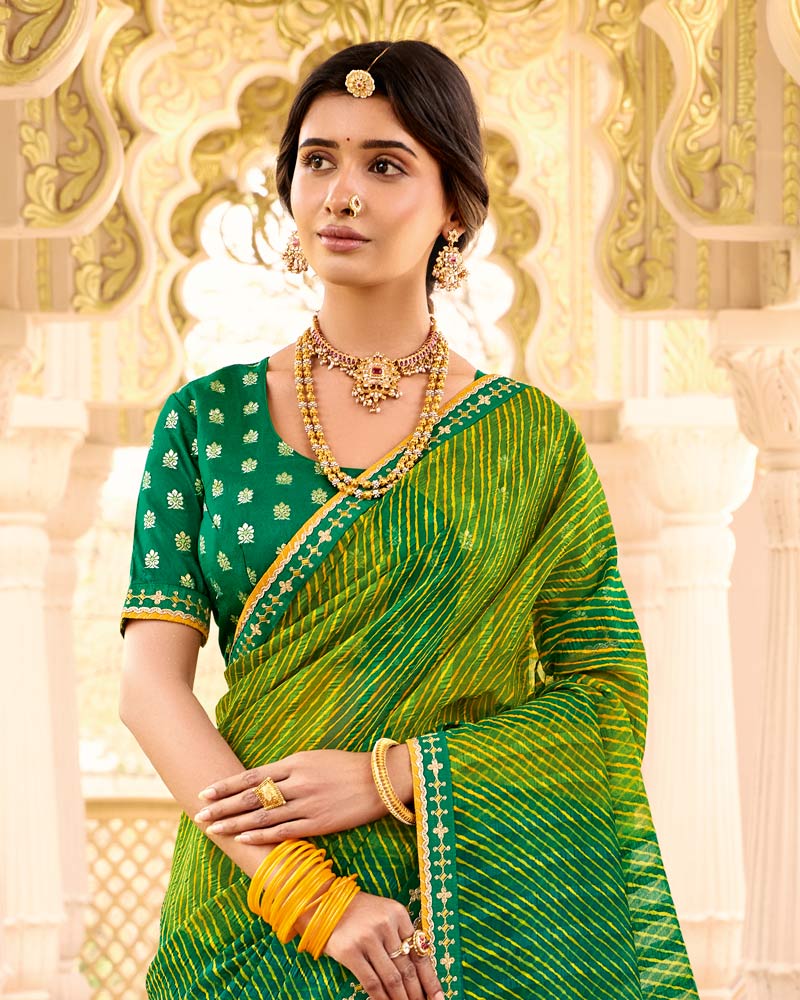 Vishal Prints Parrot Green Printed Chiffon Traditional Saree With Fancy Embroidery Border