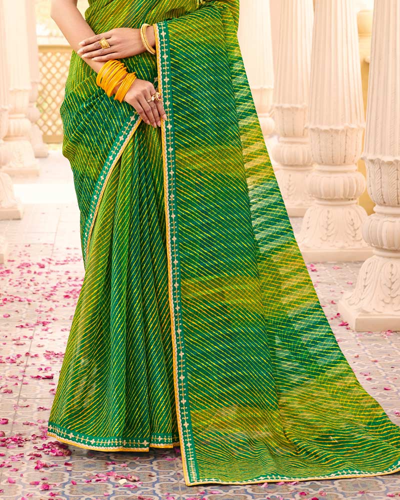 Vishal Prints Parrot Green Printed Chiffon Traditional Saree With Fancy Embroidery Border