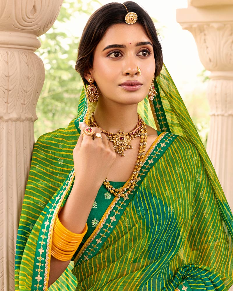 Vishal Prints Parrot Green Printed Chiffon Traditional Saree With Fancy Embroidery Border