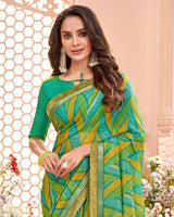 Vishal Prints Dark Mint Green Printed Brasso Saree With Fancy Border
