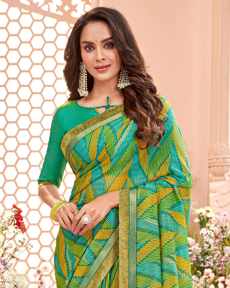 Vishal Prints Dark Mint Green Printed Brasso Saree With Fancy Border