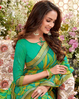 Vishal Prints Dark Mint Green Printed Brasso Saree With Fancy Border