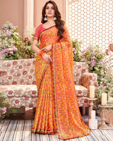 Vishal Prints Pastel Red Printed Brasso Saree With Fancy Border
