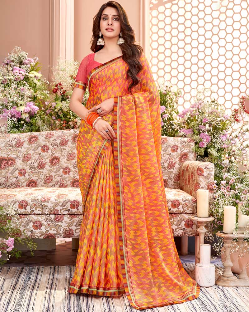 Vishal Prints Pastel Red Printed Brasso Saree With Fancy Border
