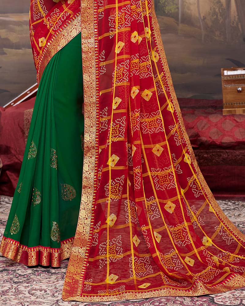 Vishal Prints Cherry Red Georgette Saree With Fancy Work And Border