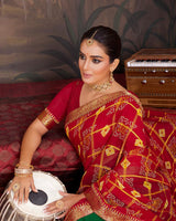 Vishal Prints Cherry Red Georgette Saree With Fancy Work And Border