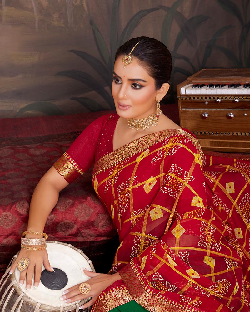 Vishal Prints Cherry Red Georgette Saree With Fancy Work And Border