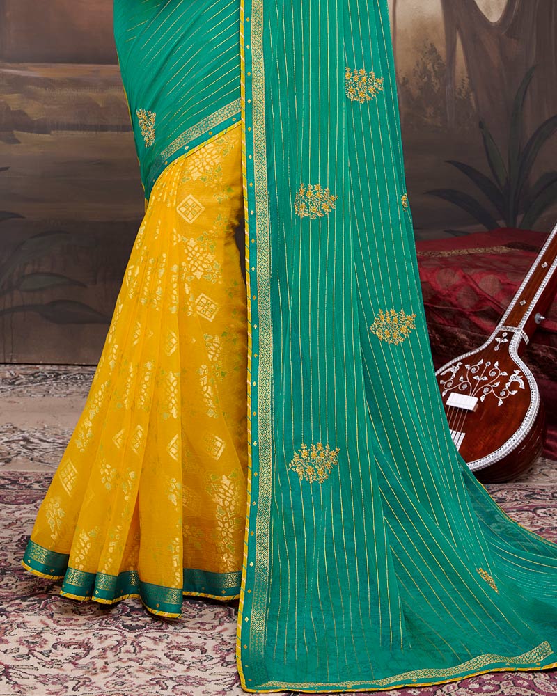 Vishal Prints Aqua Green Chiffon Saree With Embroidery Work And Fancy Border