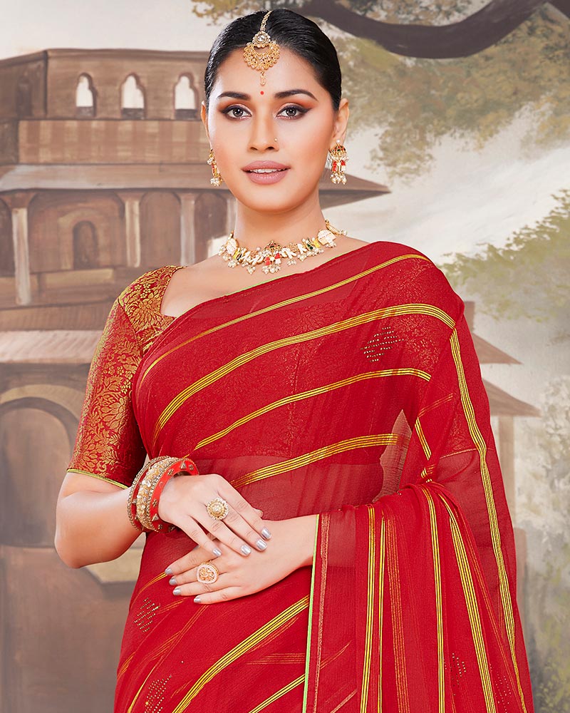 Vishal Prints Cherry Chiffon Saree With Heavy Fancy Pallu And Border