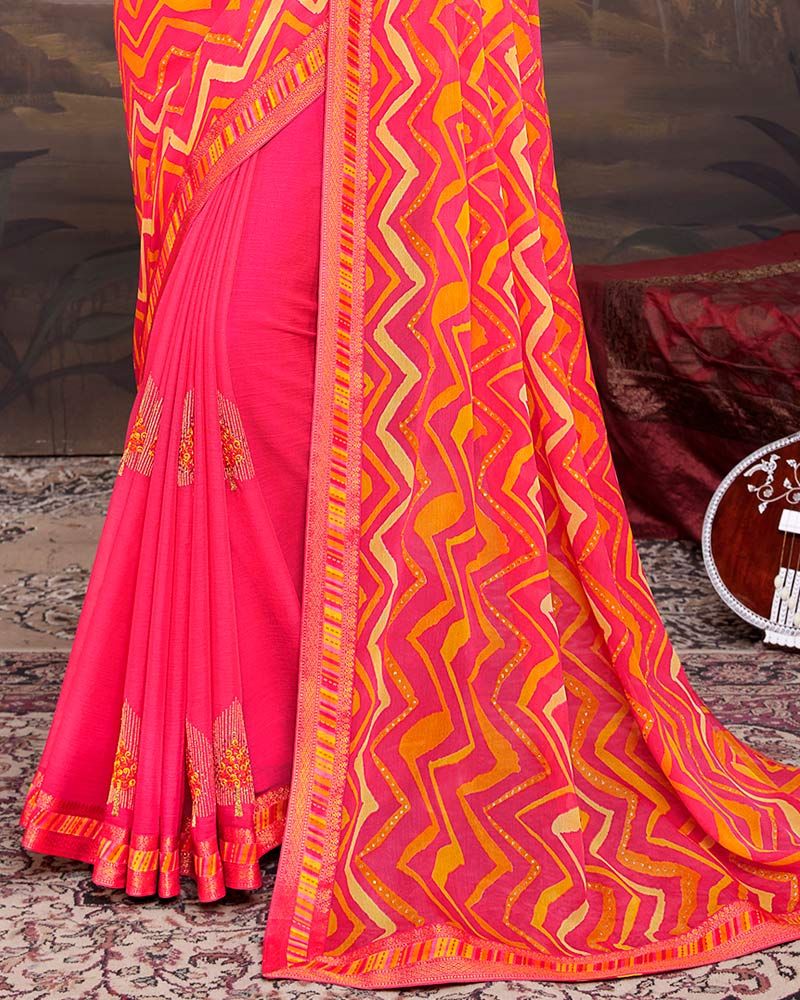Vishal Prints Red Pink Chiffon Saree With Embroidery Work And Fancy Border