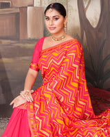 Vishal Prints Red Pink Chiffon Saree With Embroidery Work And Fancy Border