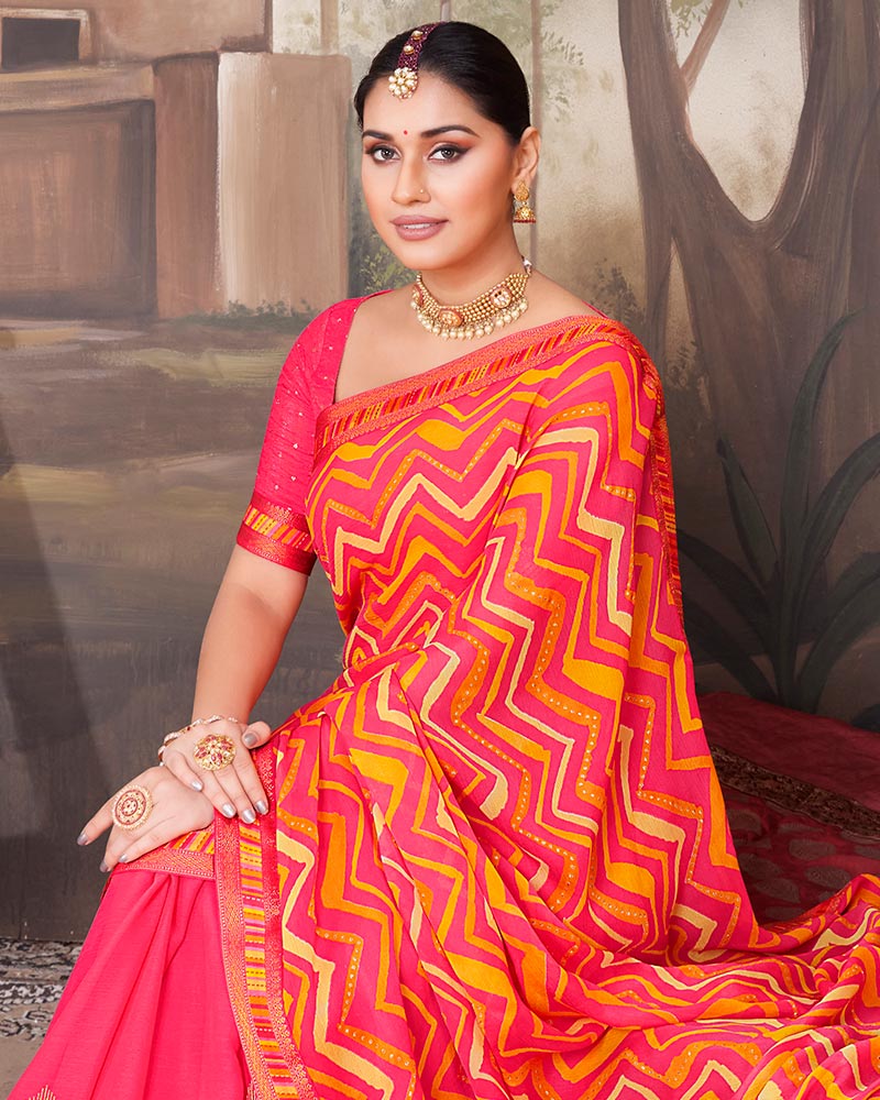 Vishal Prints Red Pink Chiffon Saree With Embroidery Work And Fancy Border