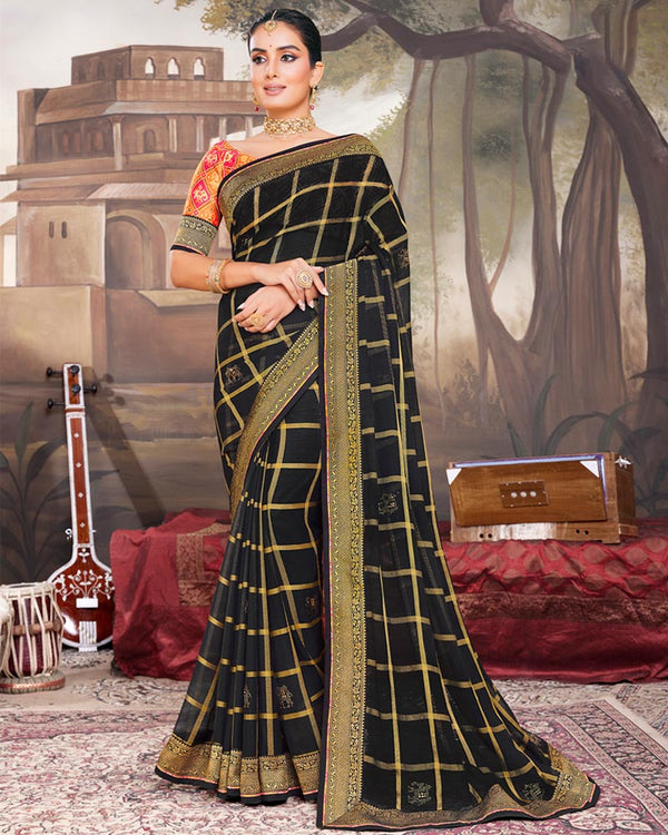 Vishal Prints Black Chiffon Saree With Stone Work And Zari Border