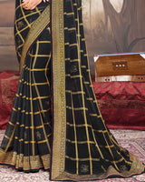 Vishal Prints Black Chiffon Saree With Stone Work And Zari Border
