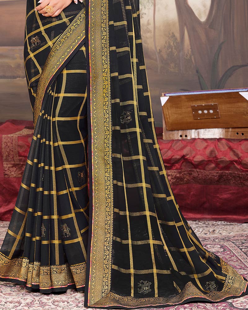 Vishal Prints Black Chiffon Saree With Stone Work And Zari Border