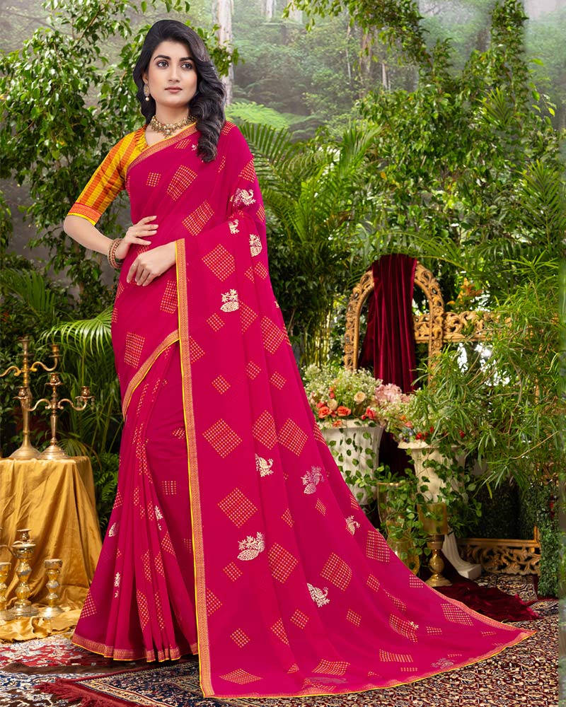 Vishal Prints Red Pink Printed Georgette Saree With Foil Print And Zari Border