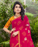 Vishal Prints Red Pink Printed Georgette Saree With Foil Print And Zari Border