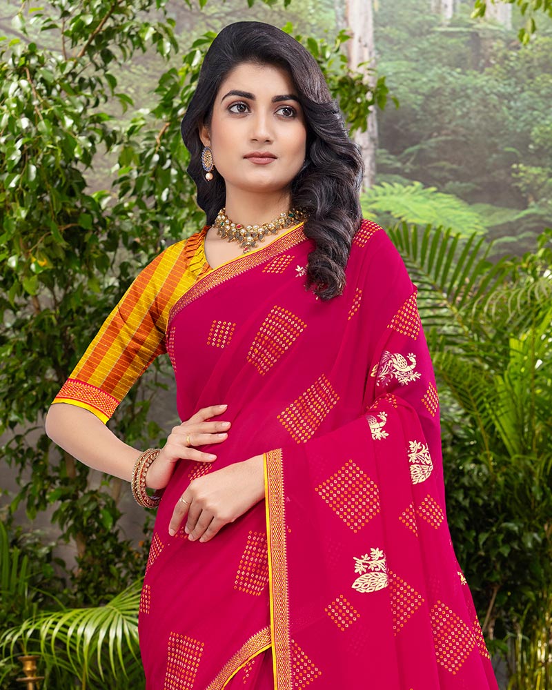 Vishal Prints Red Pink Printed Georgette Saree With Foil Print And Zari Border