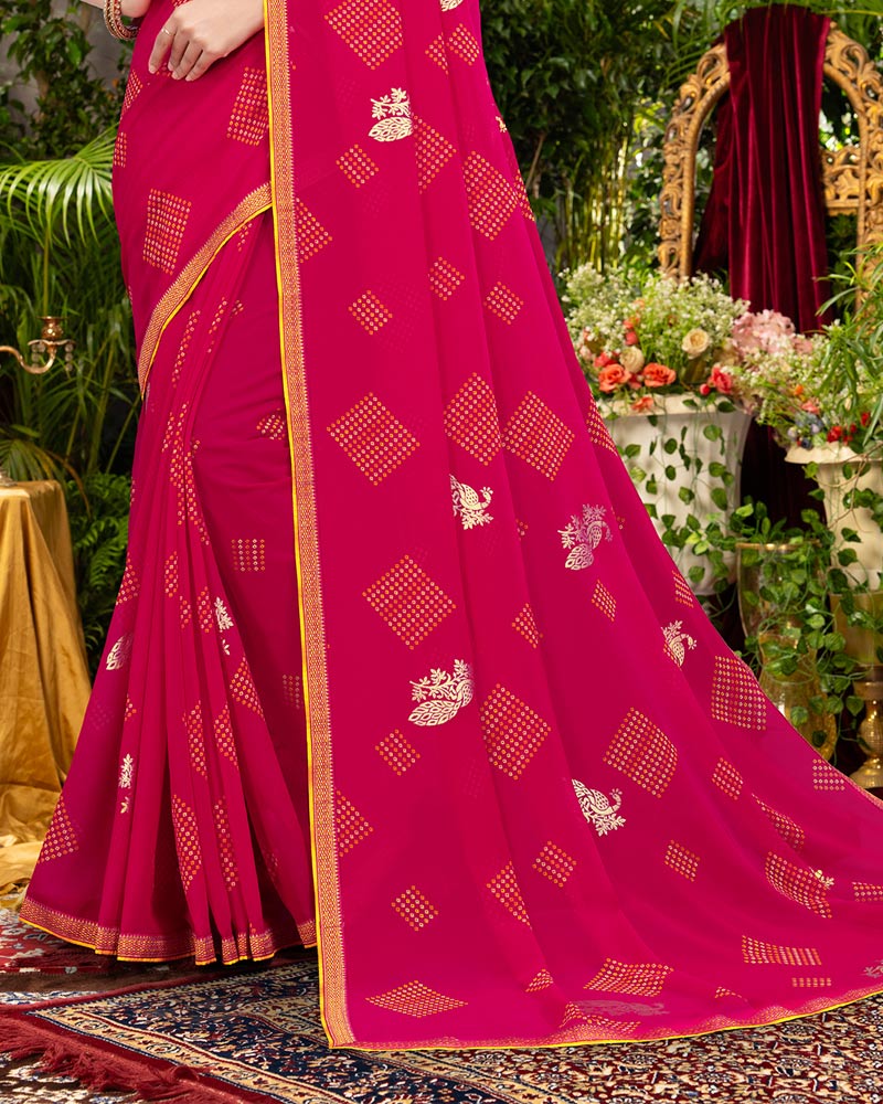 Vishal Prints Red Pink Printed Georgette Saree With Foil Print And Zari Border