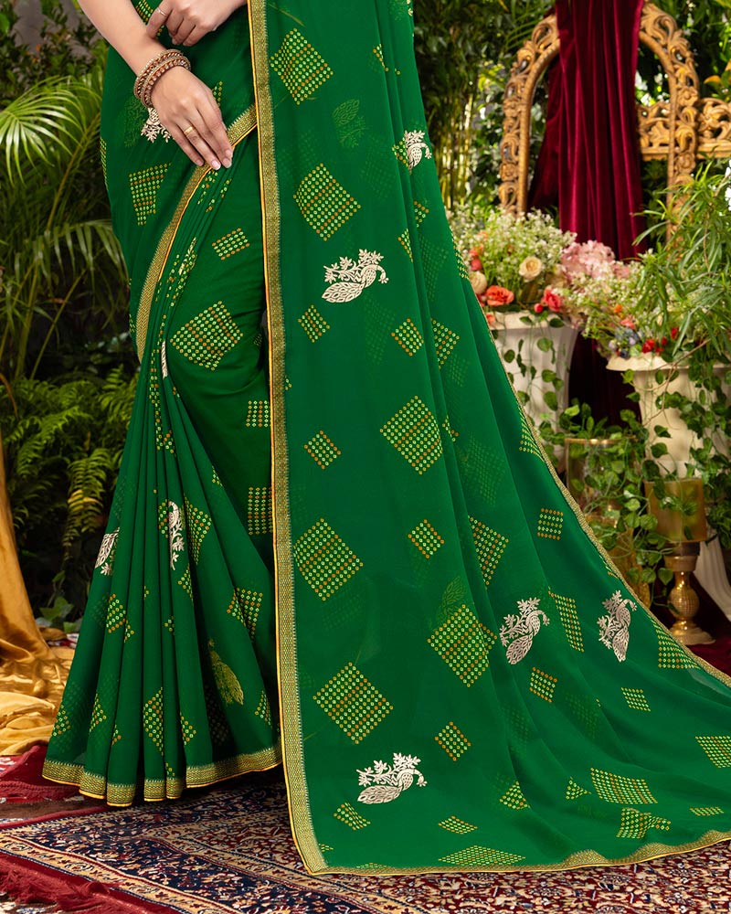 Vishal Prints Dark Green Printed Georgette Saree With Foil Print And Zari Border