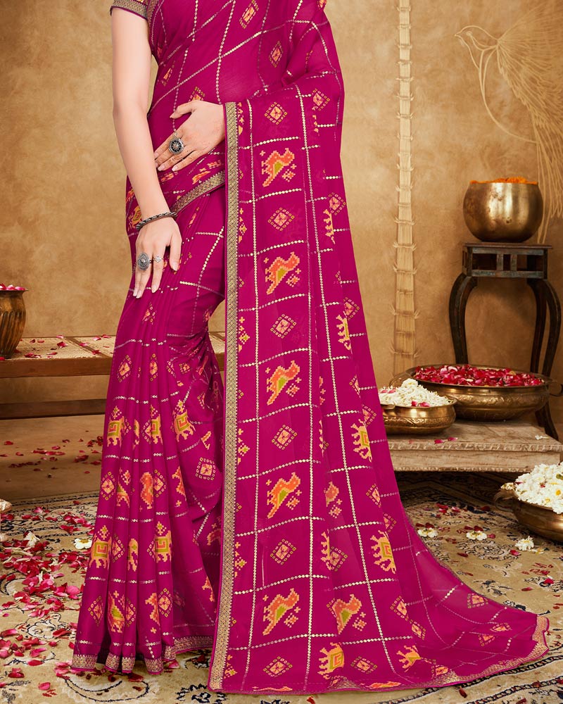 Vishal Prints Lipstick Pink Printed Chiffon Saree With Foil Print And Zari Border