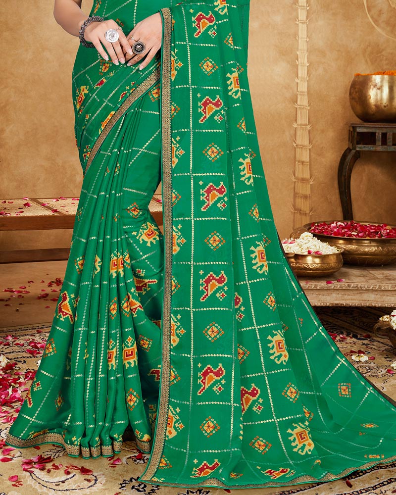 Vishal Prints Jade Green Printed Chiffon Saree With Foil Print And Zari Border