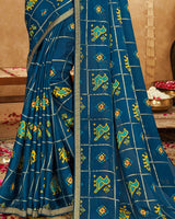 Vishal Prints Peacock Blue Printed Chiffon Saree With Foil Print And Zari Border