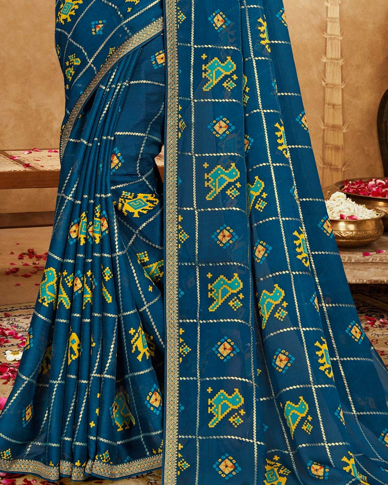 Vishal Prints Peacock Blue Printed Chiffon Saree With Foil Print And Zari Border