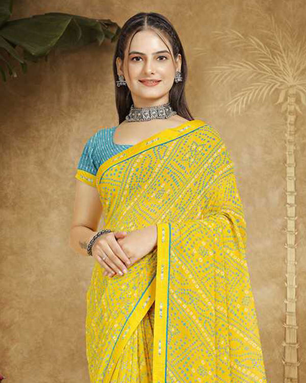Vishal Prints Yellow Printed Georgette Bandhani Print Saree With Fancy Border