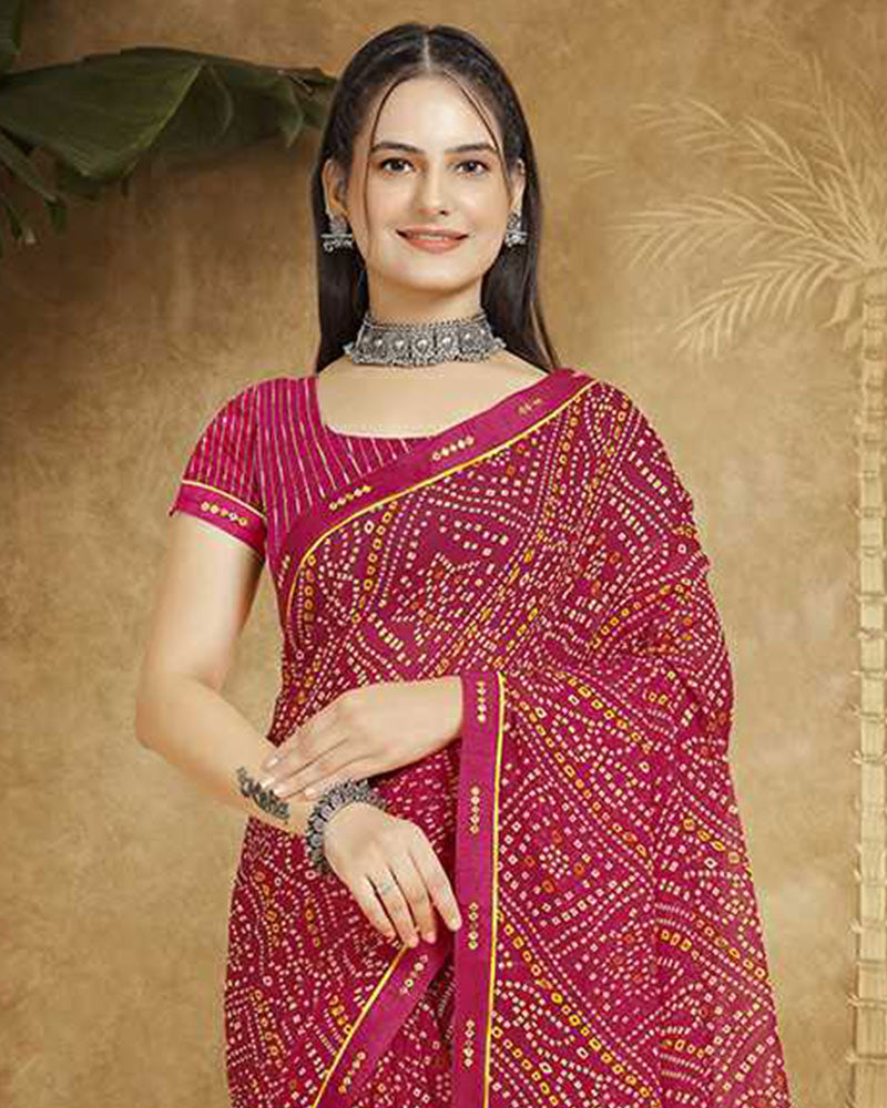 Vishal Prints Crimson Red Printed Georgette Bandhani Print Saree With Fancy Border