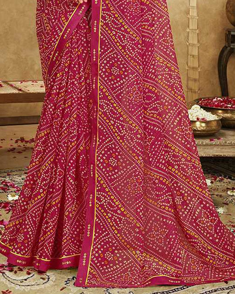 Vishal Prints Crimson Red Printed Georgette Bandhani Print Saree With Fancy Border