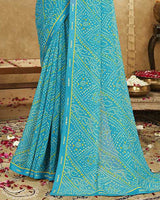 Vishal Prints Cerulean Blue Printed Georgette Bandhani Print Saree With Fancy Border